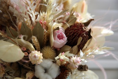 Photo of Beautiful elegant dried flower bouquet, closeup view