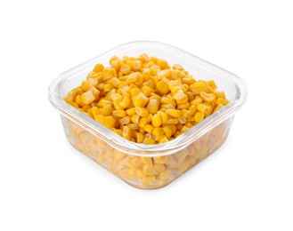 Photo of Glass container with tasty corn kernels isolated on white