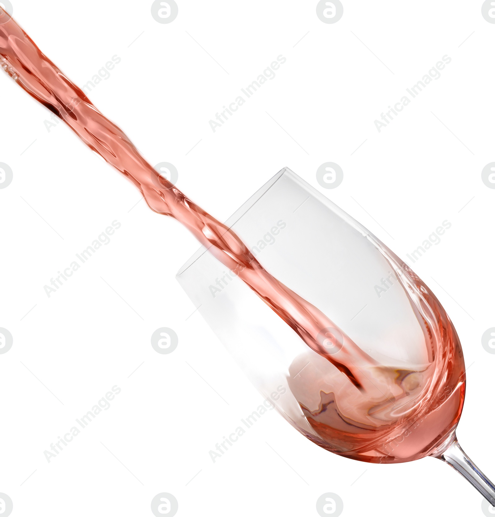 Image of Pouring delicious rose wine into glass on white background