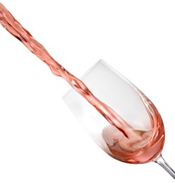 Image of Pouring delicious rose wine into glass on white background