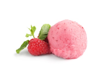 Photo of Scoop of delicious raspberry ice cream with mint and fresh berry on white background