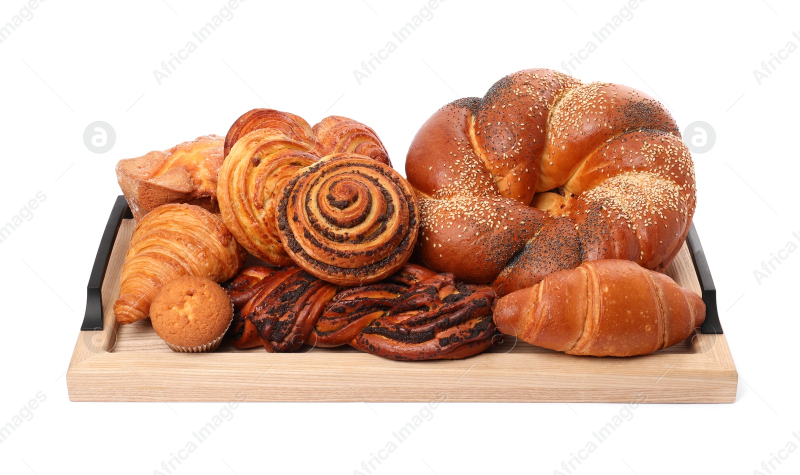 Photo of Wooden tray with different pastries isolated on white