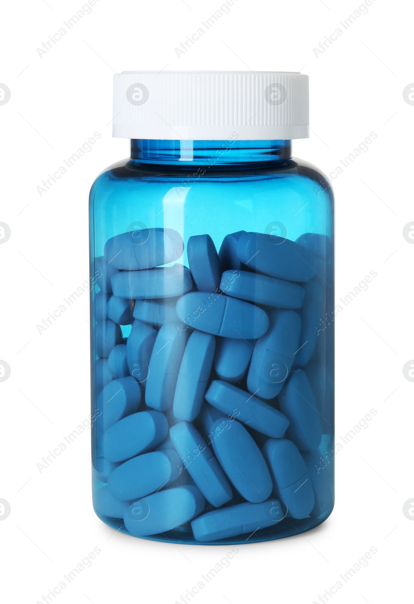 Photo of Vitamin pills in bottle isolated on white