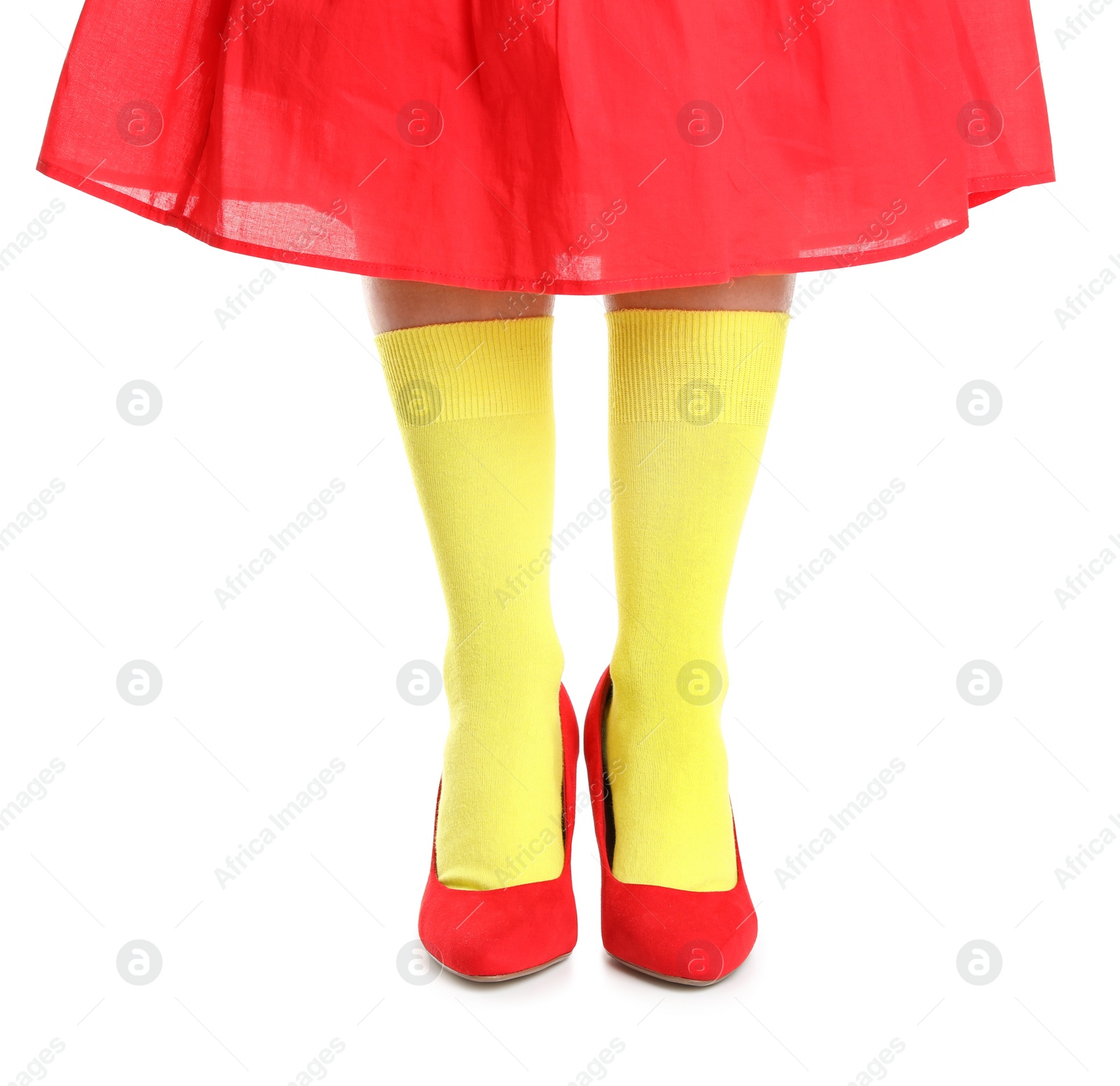 Photo of Woman in stylish socks and shoes on white background, closeup