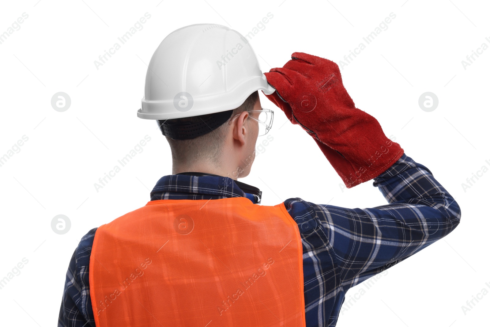 Photo of Young man wearing safety equipment on white background, back view