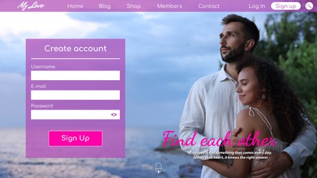Image of Design of interface for online dating site. Home page with photo of happy couple and sign up form