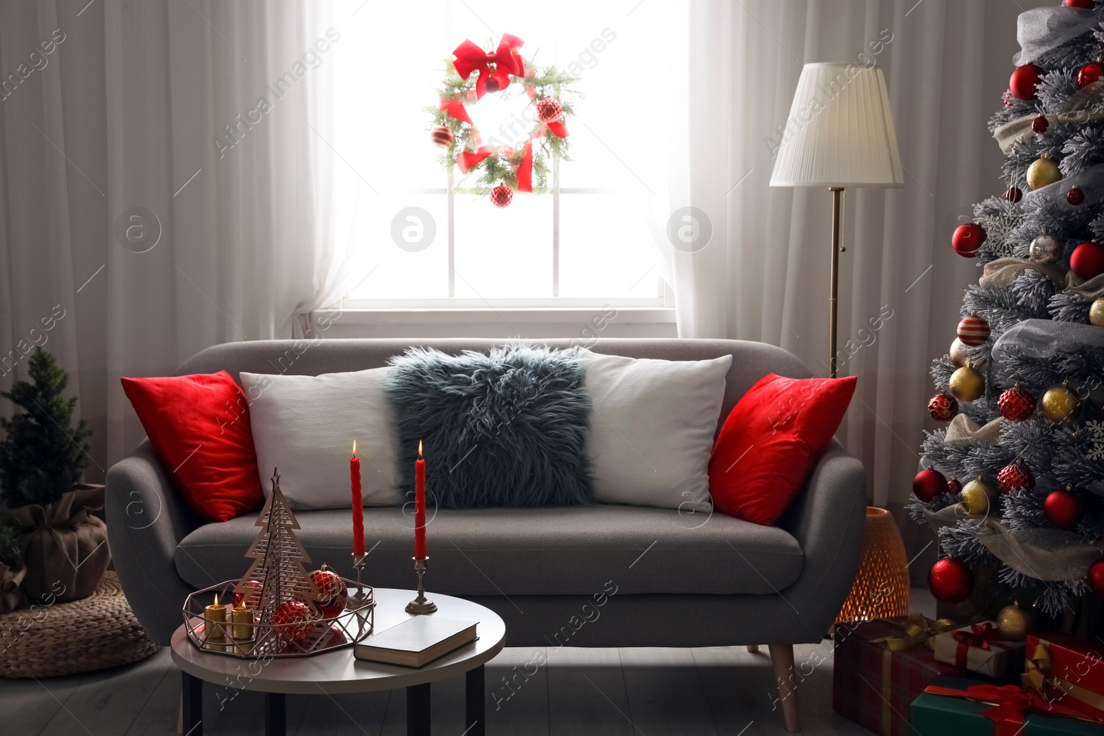 Image of Beautiful living room with Christmas decor. Festive interior