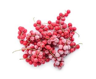Photo of Heap of tasty frozen red currants on white background, top view