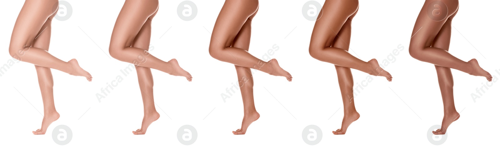 Image of Woman with beautiful legs on white background, closeup. Collage of photos showing stages of suntanning