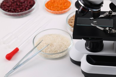 Food Quality Control. Microscope, petri dishes with different products and other laboratory equipment on white table, closeup