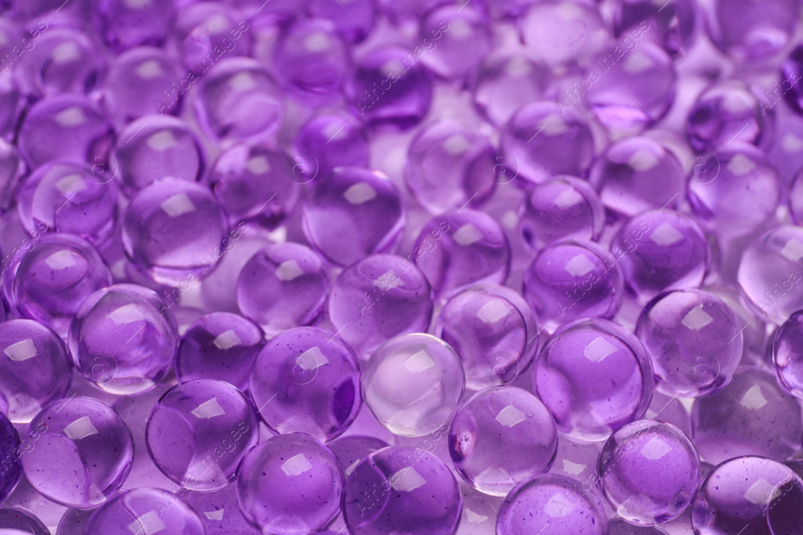 Photo of Closeup view of violet vase filler as background. Water beads