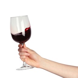Photo of Woman with glass of wine isolated on white, closeup