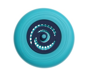 Photo of Blue plastic frisbee disk isolated on white, top view