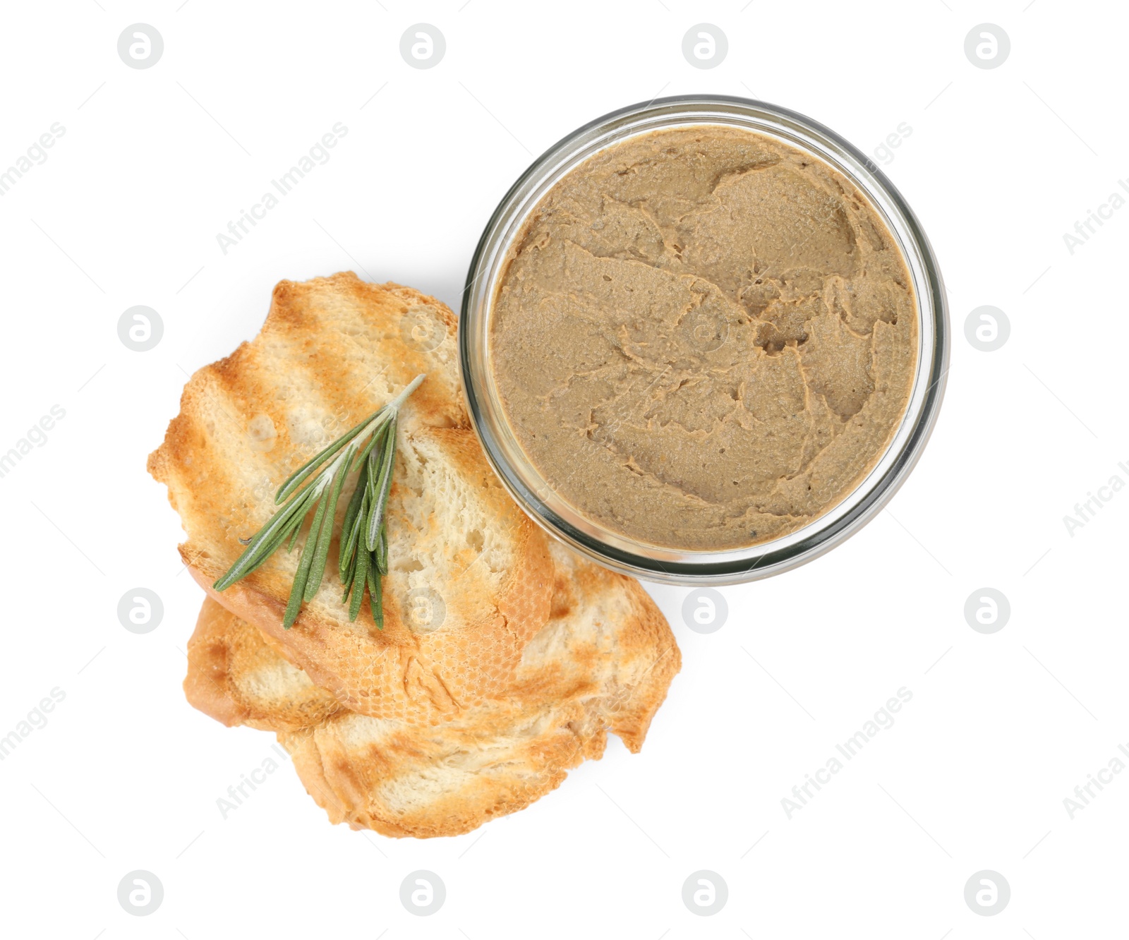 Photo of Glass jar with tasty liver pate, rosemary and bread on white background, top view