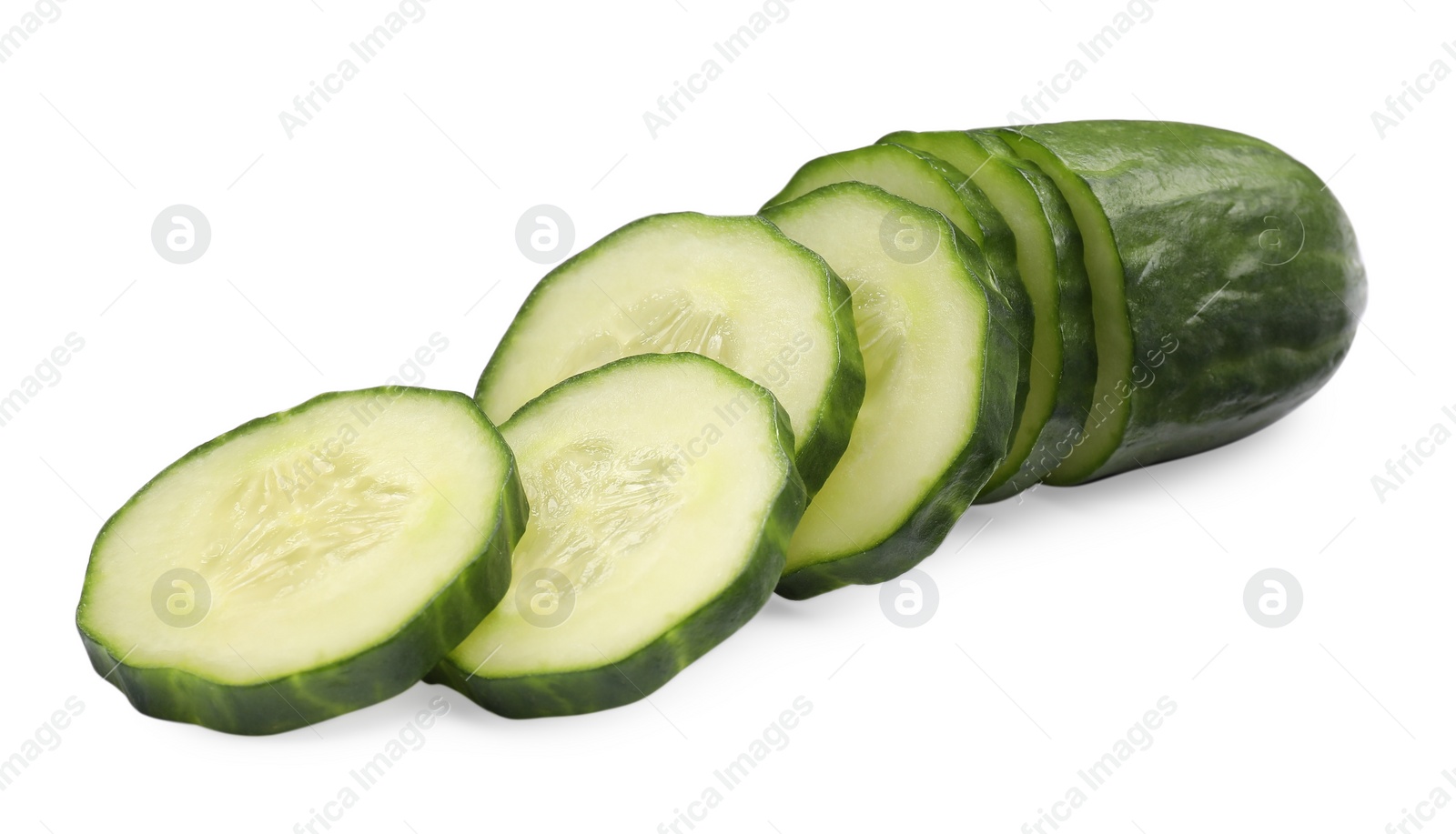 Photo of Many fresh cucumber slices isolated on white