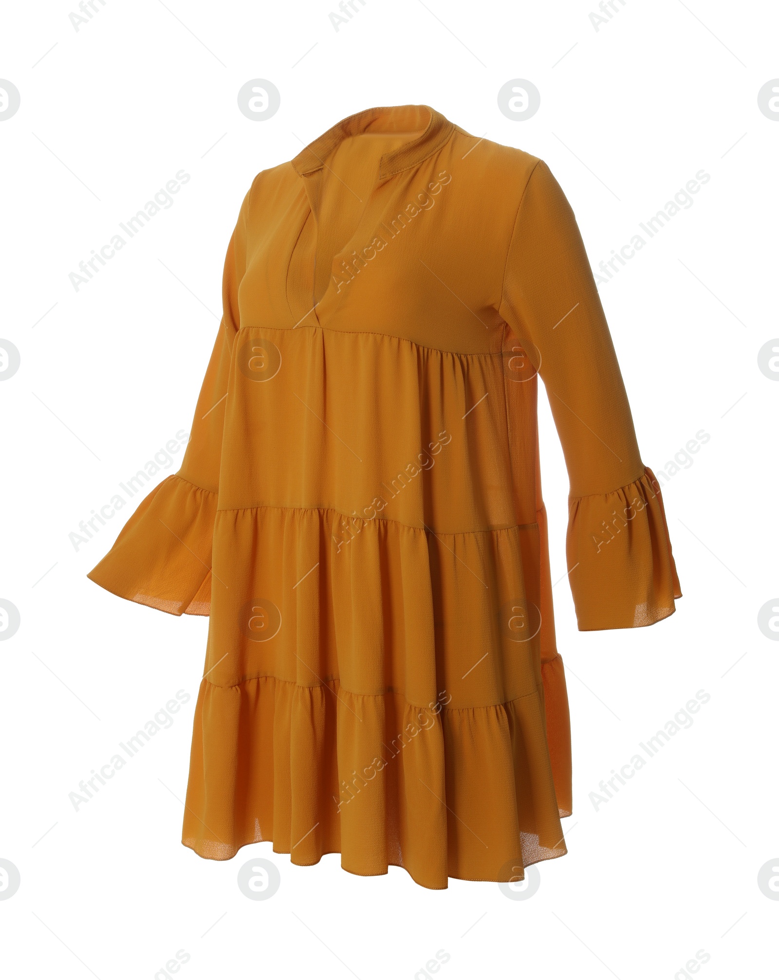 Photo of Stylish short orange ruffle dress on white background