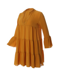 Stylish short orange ruffle dress on white background