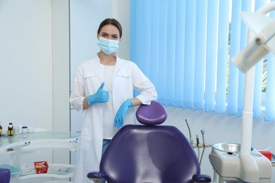 Portrait of professional dentist at workplace in clinic