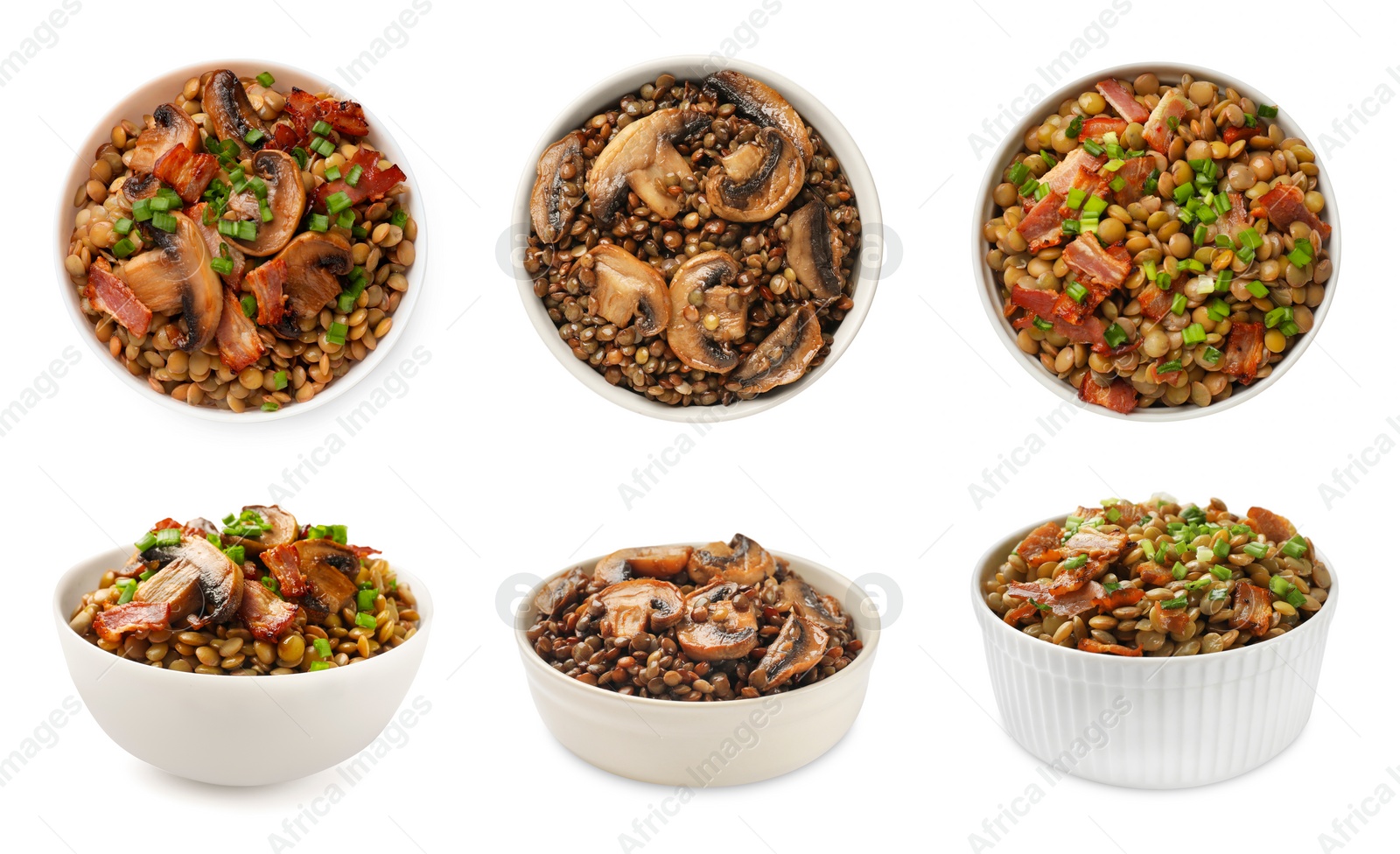 Image of Different lentil dishes in bowls on white background, top and side views