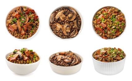 Image of Different lentil dishes in bowls on white background, top and side views