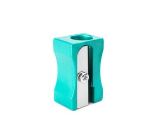 Plastic turquoise pencil sharpener isolated on white