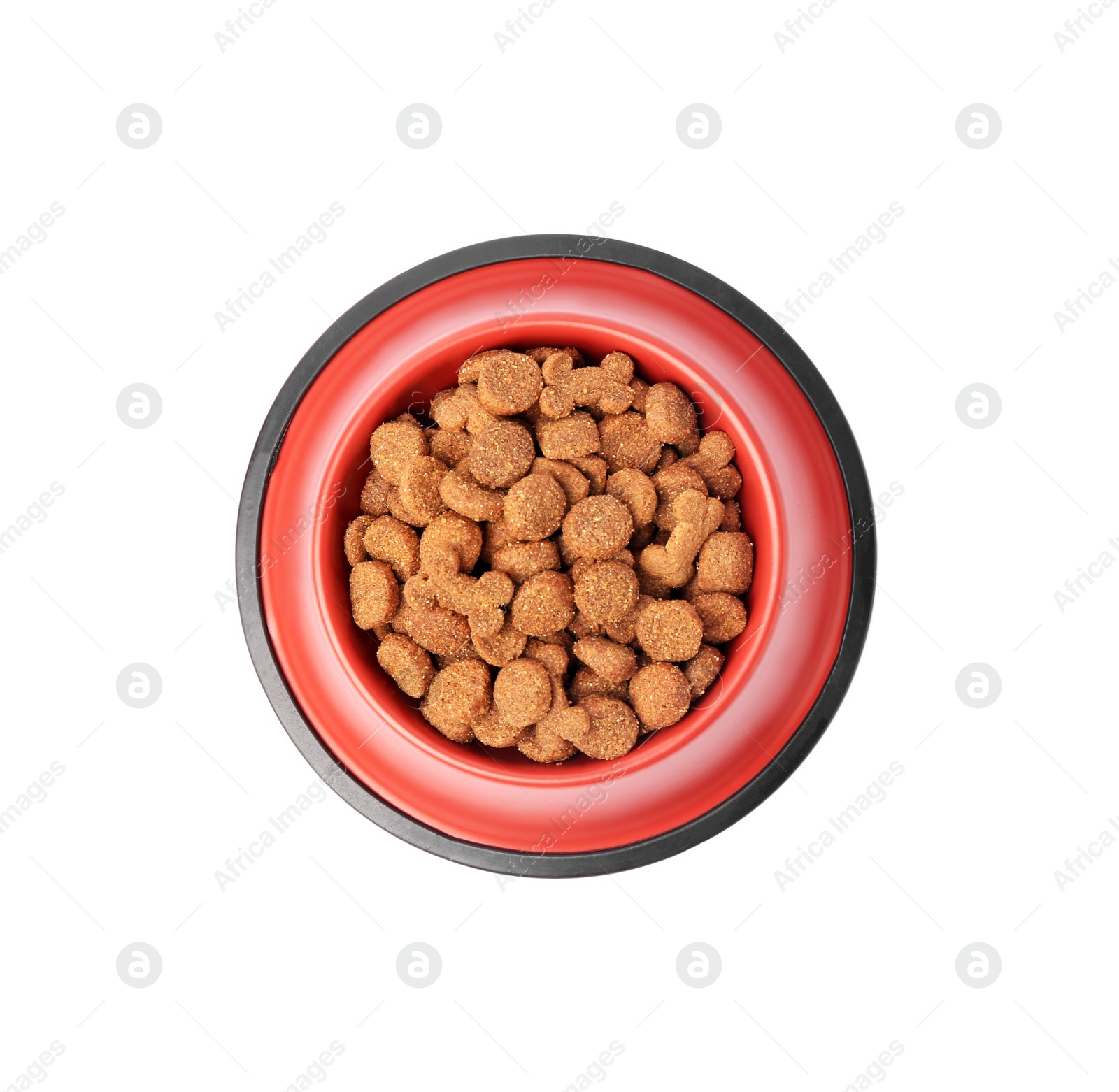 Photo of Dry pet food in feeding bowl isolated on white, top view