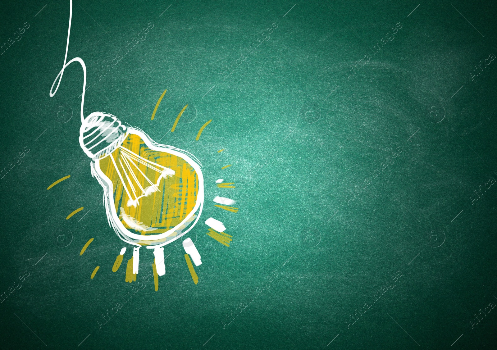 Image of Light bulb drawing as symbol of idea on green chalkboard