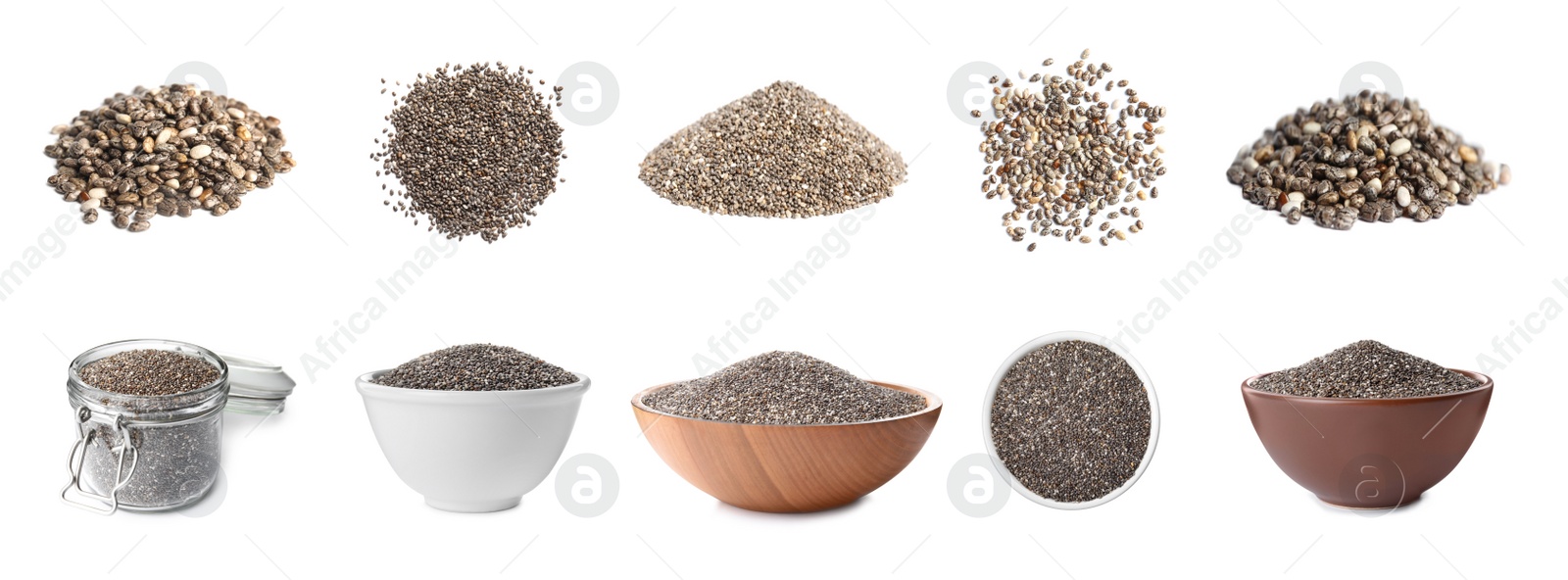 Image of Set of chia seeds on white background. Banner design 