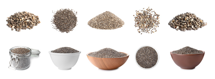 Image of Set of chia seeds on white background. Banner design 