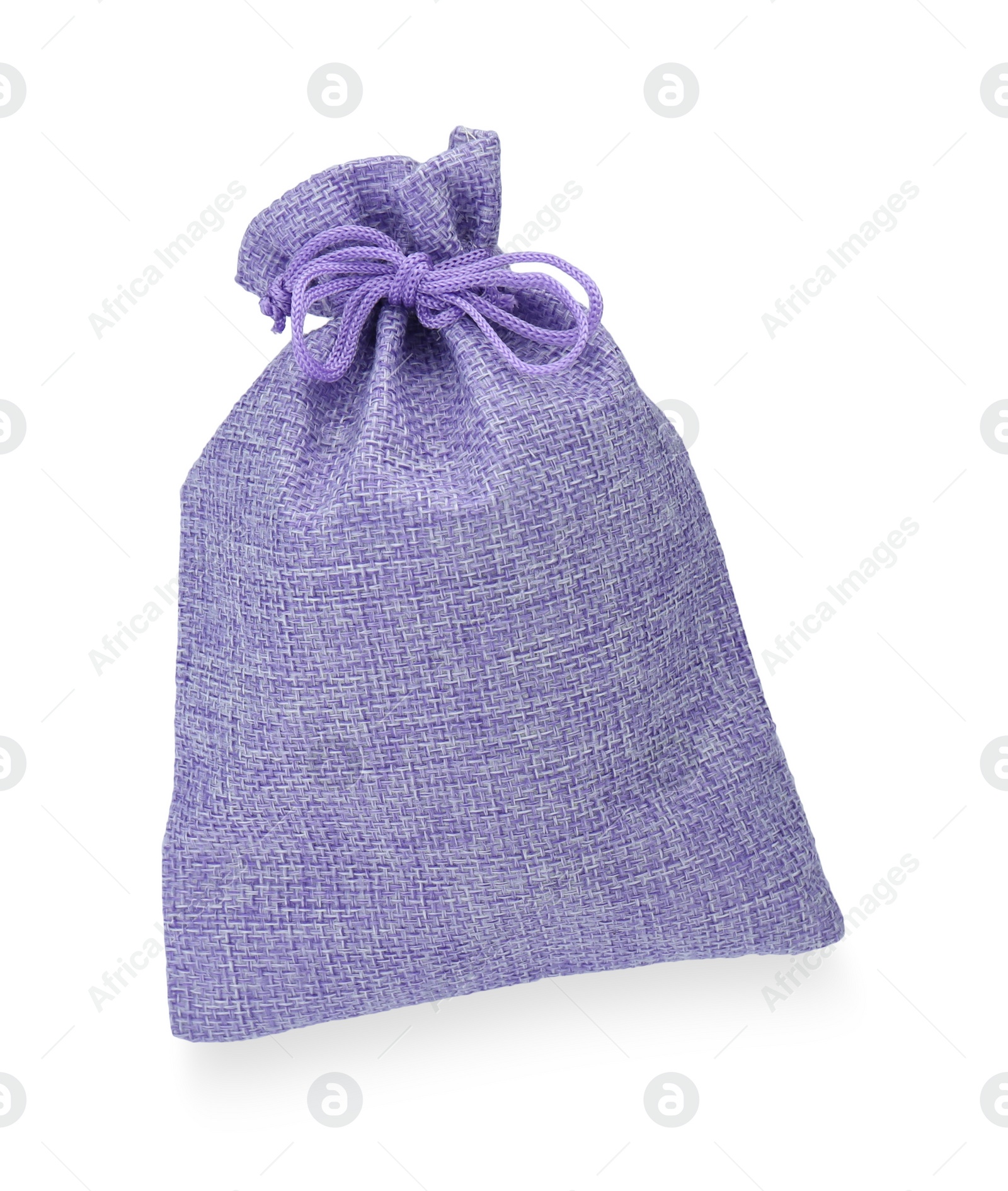 Photo of Violet burlap bag isolated on white, top view