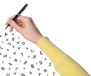 Image of Woman writing letters and they flying away on white background, closeup