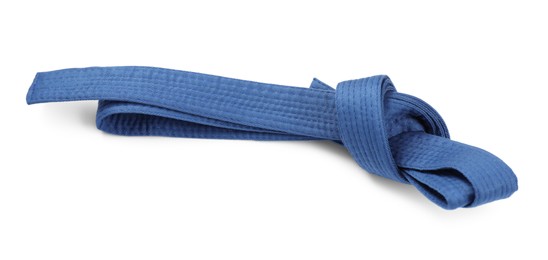 Photo of Blue karate belt isolated on white. Martial arts uniform