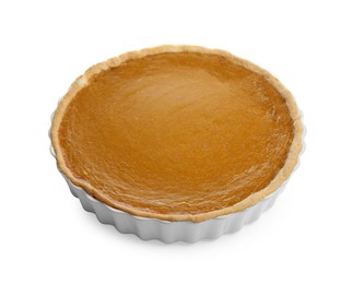 Photo of Tasty fresh pumpkin pie isolated on white