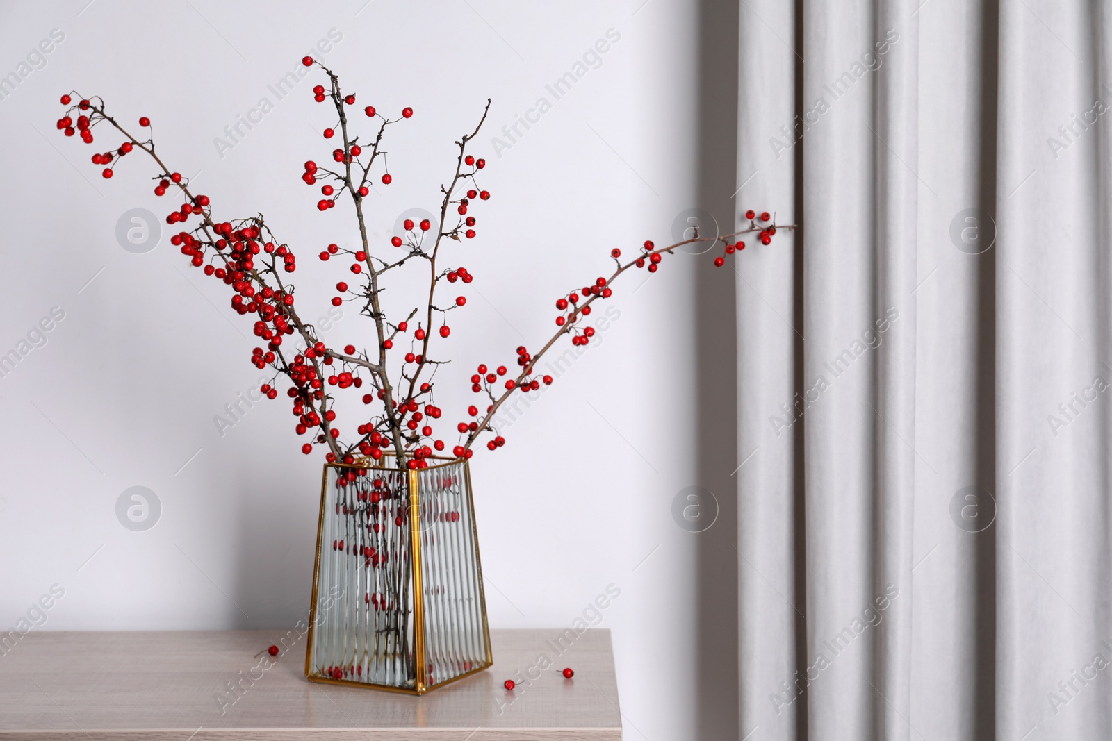 Photo of Hawthorn branches with red berries in vase on wooden table indoors, space for text