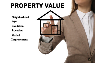 Real estate agent using virtual screen with house illustration, closeup. Property value concept