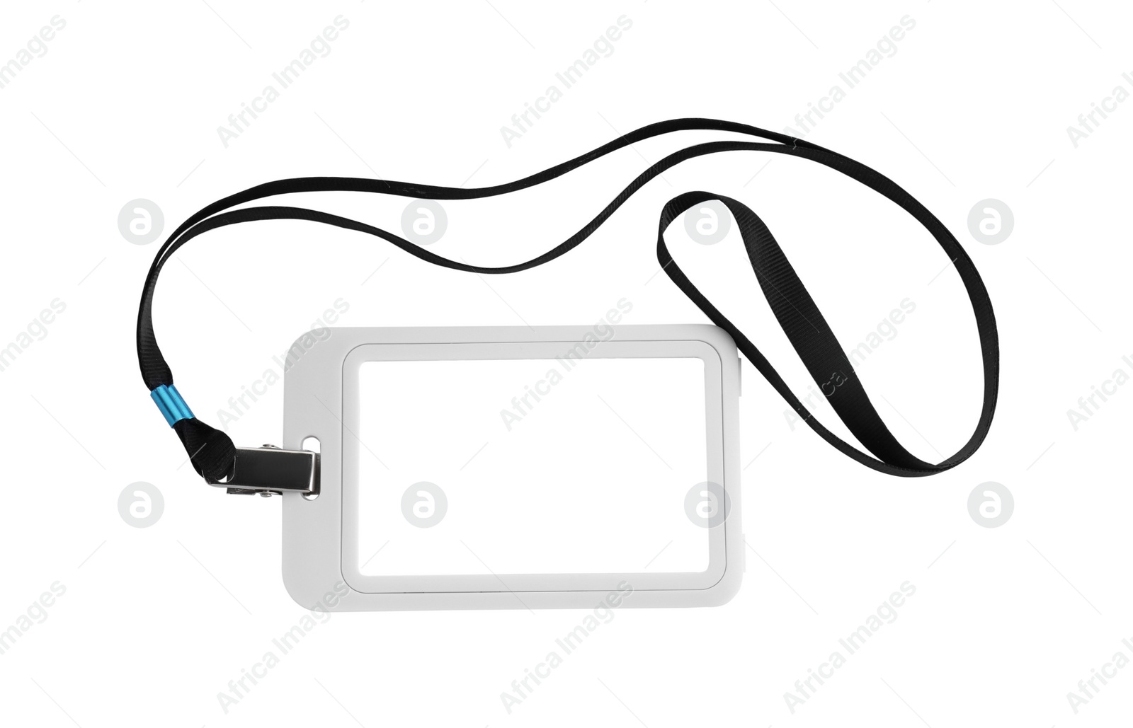 Photo of Blank badge with black string isolated on white, top view