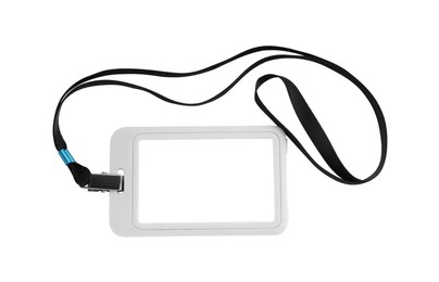 Photo of Blank badge with black string isolated on white, top view