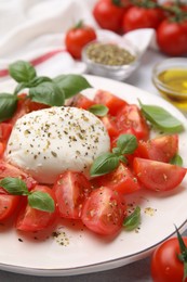 Tasty salad Caprese with mozarella, tomatoes and basil on white plate, closeup