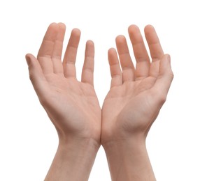 Photo of Man holding something in hands on white background, closeup