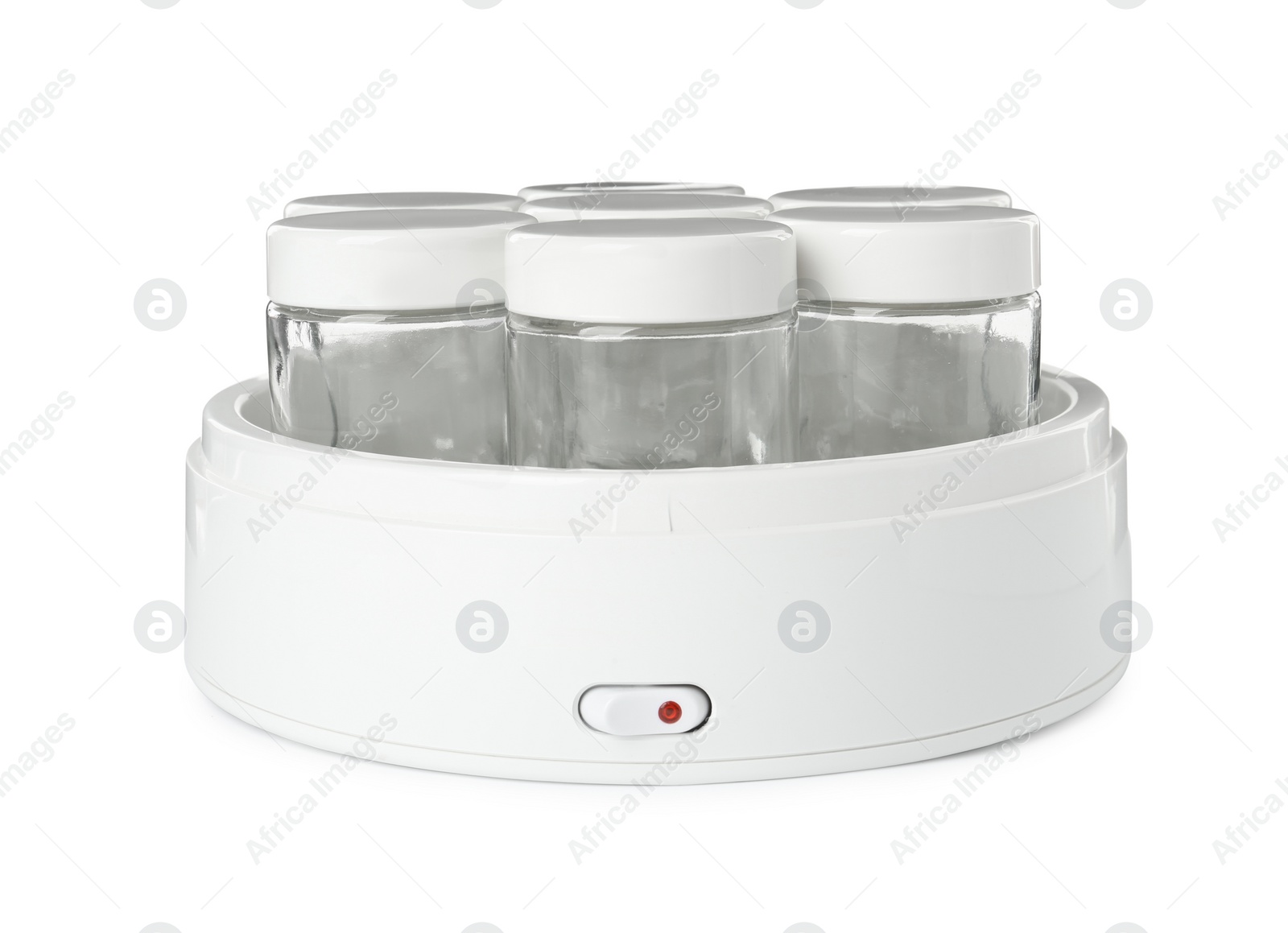 Photo of Modern yogurt maker with empty jars on white background