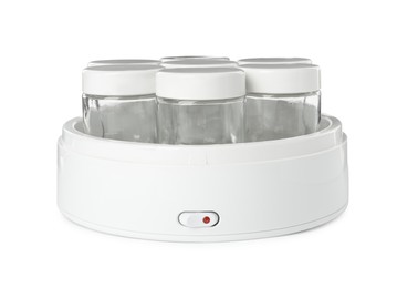 Modern yogurt maker with empty jars on white background