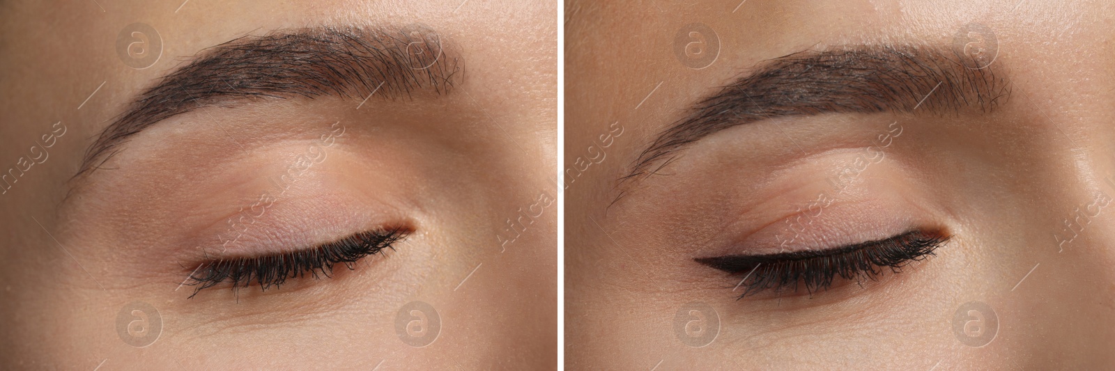 Image of Collage with photos of young woman before and after getting permanent eyeliner makeup, closeup. Banner design