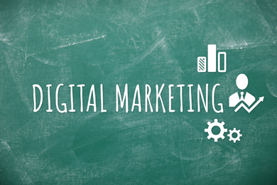 Image of Green chalkboard with phrase DIGITAL MARKETING and icons