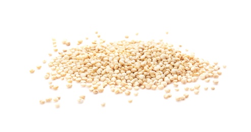 Photo of Pile of raw quinoa on white background