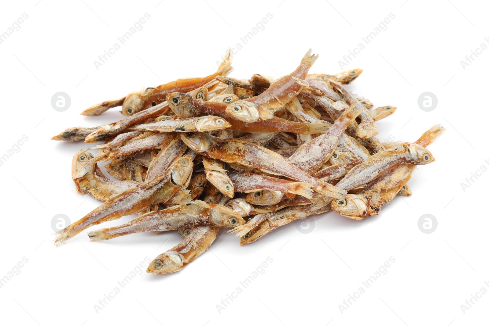 Photo of Delicious dried salted anchovies on white background