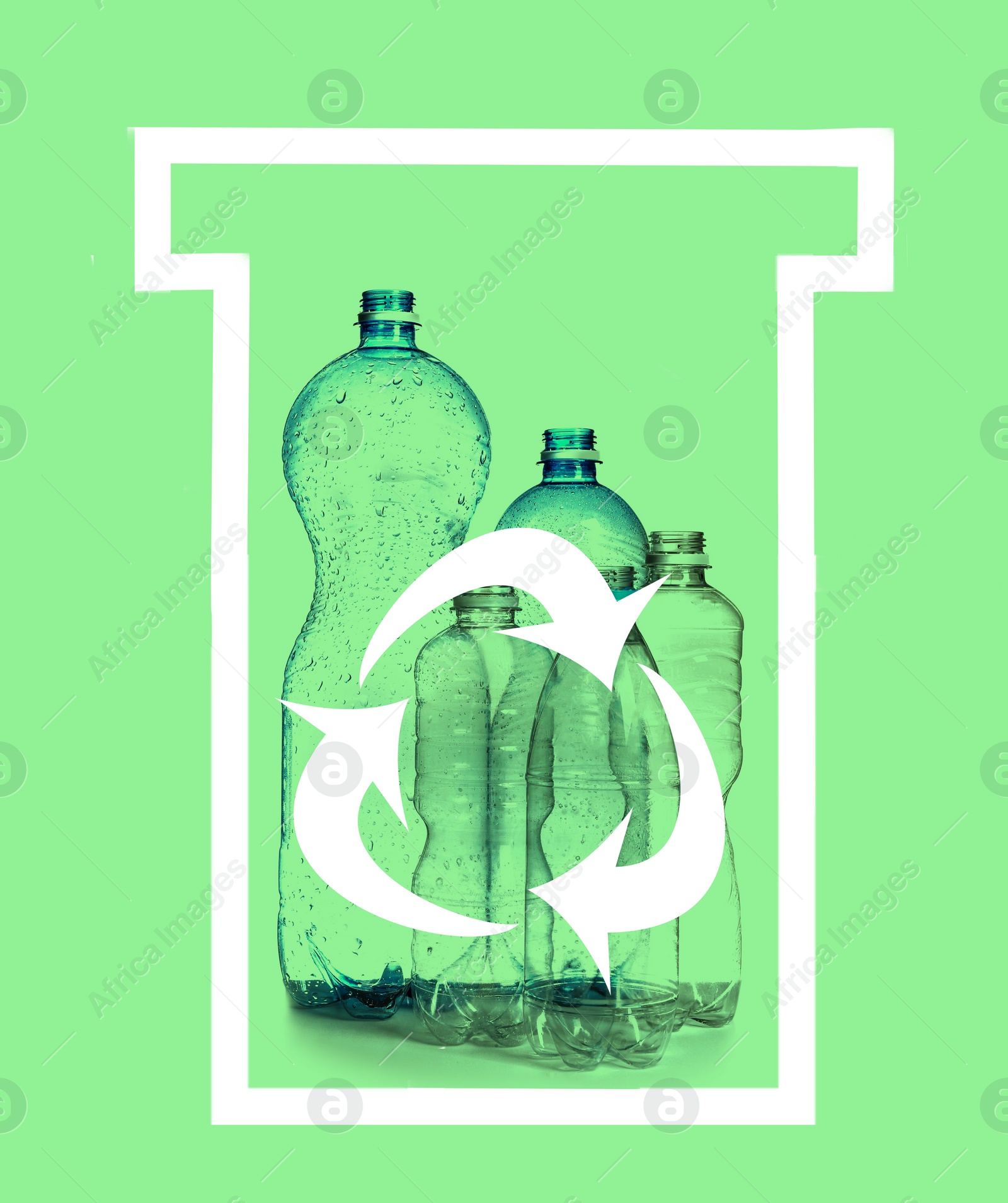 Image of Illustration of recycling symbol and empty plastic bottles on light green background