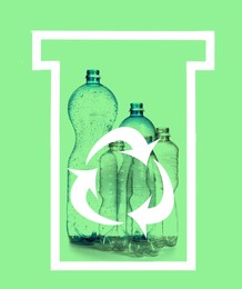 Image of Illustration of recycling symbol and empty plastic bottles on light green background