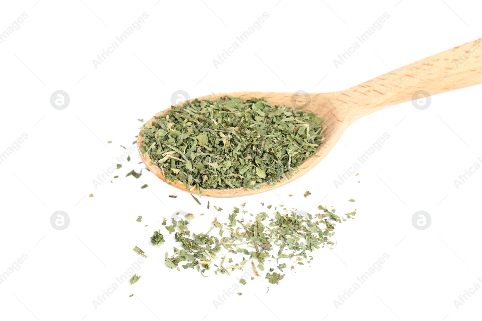 Photo of Wooden spoon with dried parsley on white background