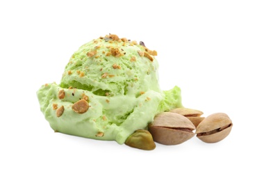 Photo of Scoop of delicious pistachio ice cream and nuts on white background