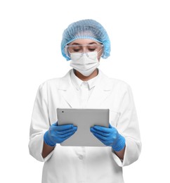 Photo of Quality control. Food inspector with tablet on white background